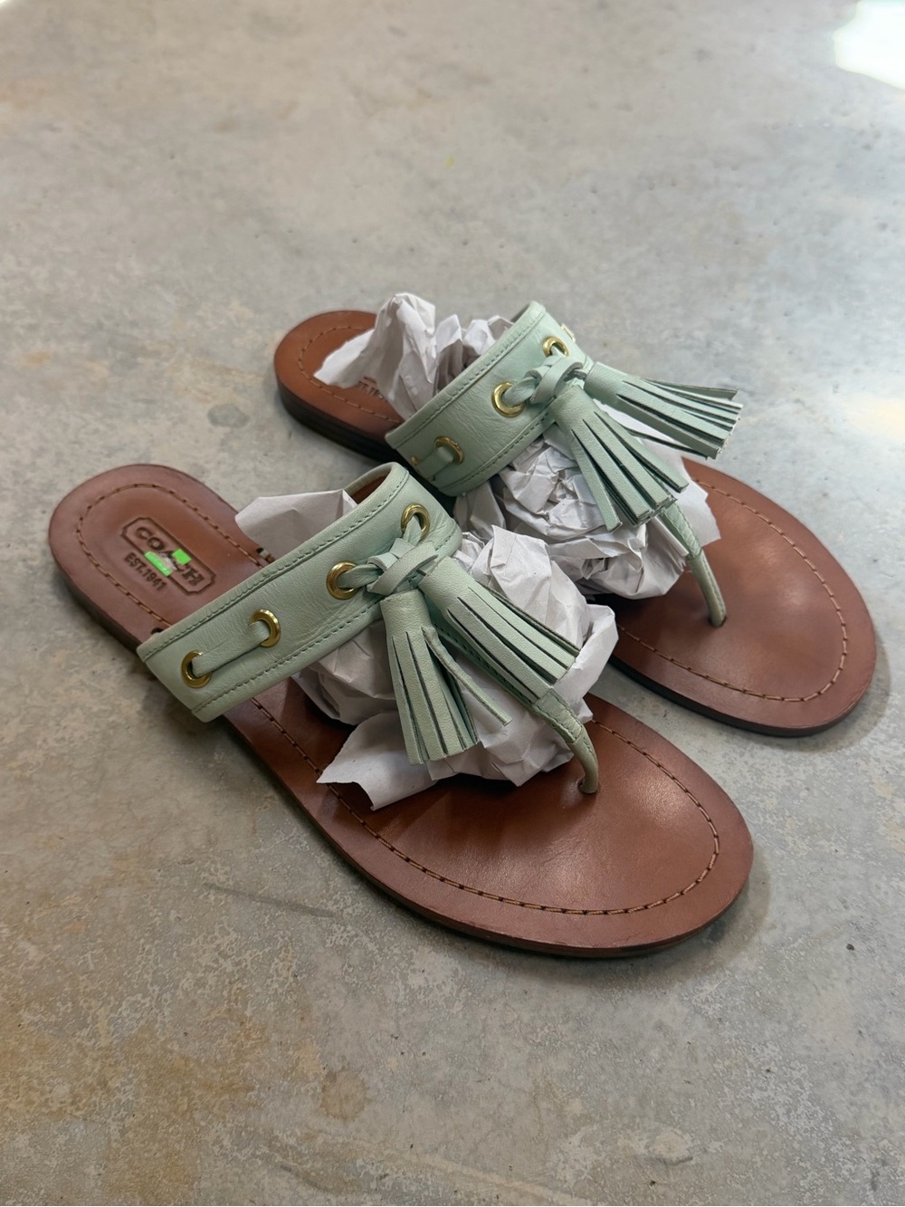 Coach Leather Sandals Tassels‎ Mint Green Seafoam Sheena Thong 7